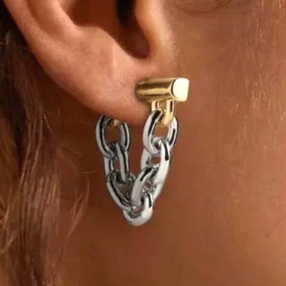 NEW Earrings Chunky Chain Link 2 Two Tone Gold Silver Paco Rabanne STYLE O28 - Picture 1 of 5